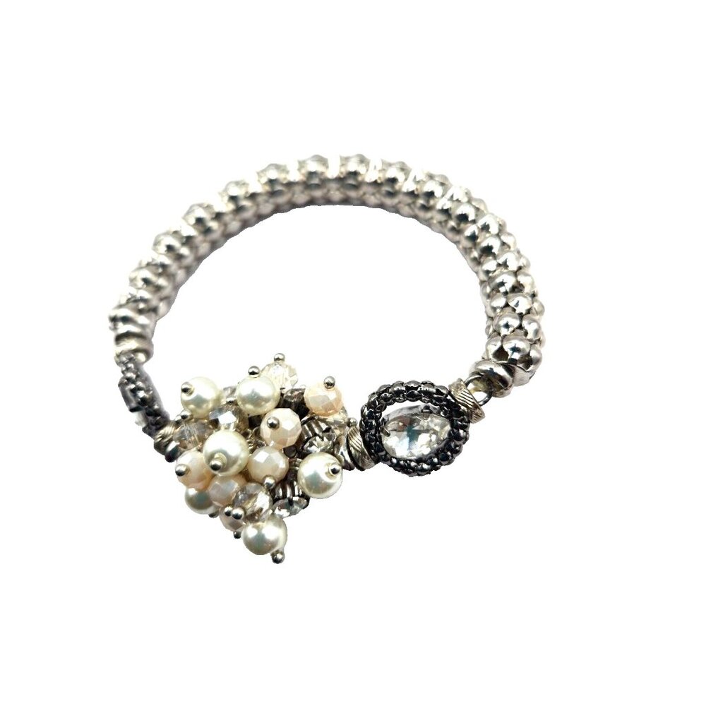 Pretty Silver Tone Faux Pearl crystal bead and Rhinestone textured Bracelet